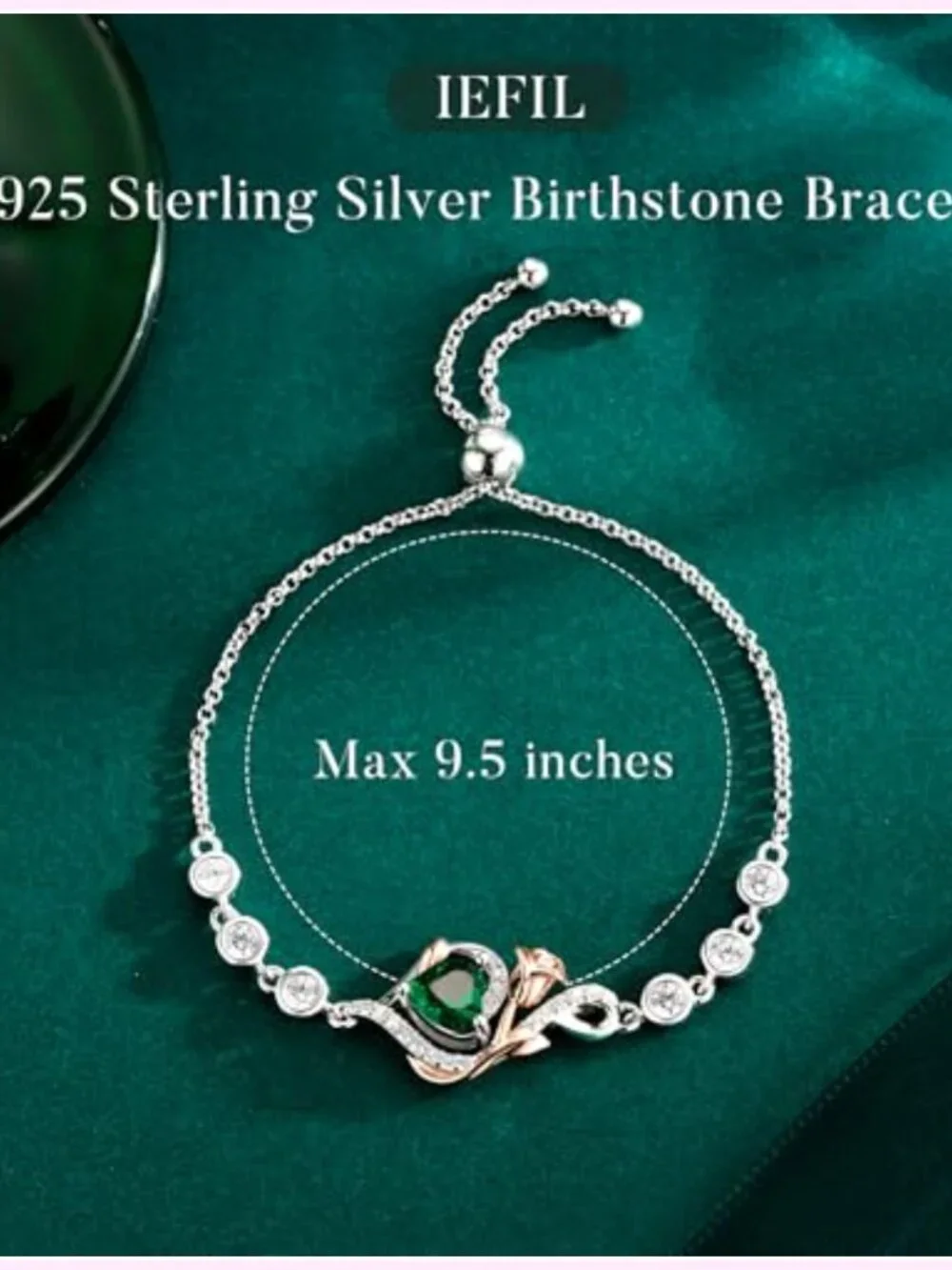 Adjustable 925 Sterling Silver Heart Birthstone Bracelet for Women -